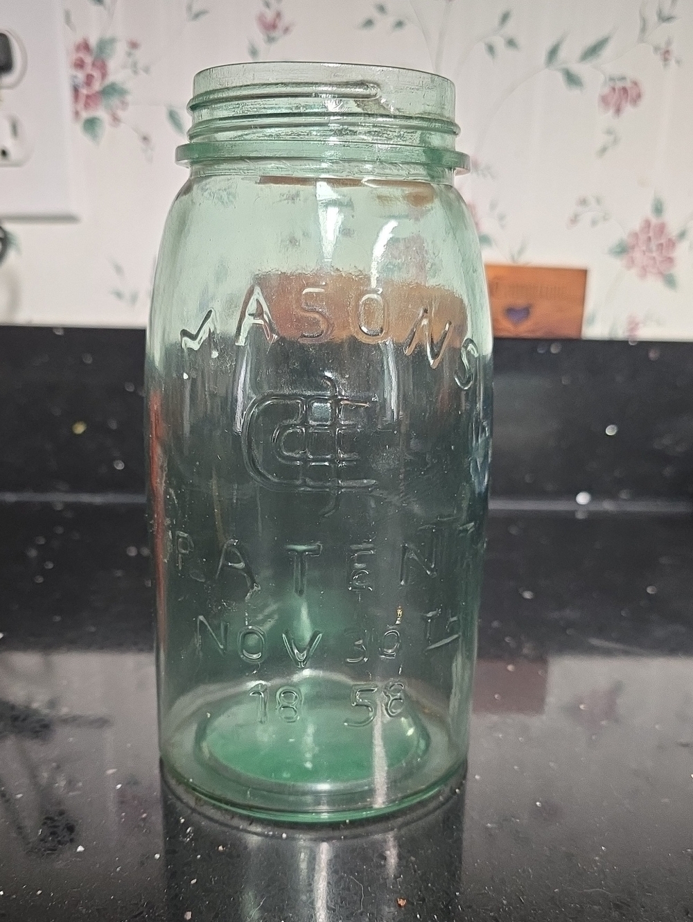Vintage. Mason Light Aqua Green Embossed Glass Jar-No Cover